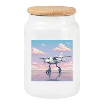 Airplane on Roller Skates with a Smile - Cookie Jar with Wooden Lid - white - Front