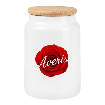 Red Rose with Avenir Text Design - Cookie Jar with Wooden Lid - white - Front
