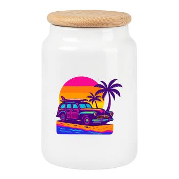 Retro Neon Strandurlaub mit Surfbrett Surf Woody - Keksdose mit Holzdeckel - Weiß - Vorne