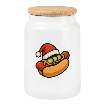 Festlicher Hotdog mit Weihnachtsmütze - Keksdose mit Holzdeckel - Weiß - Vorne