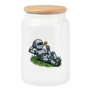 Robot avec fleur sur une pelouse - Boîte à biscuits avec couvercle en bois - blanc - Devant