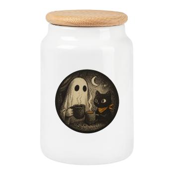 Nocturnal Meeting with Ghost Cat - Vintage Des - Cookie Jar with Wooden Lid - white - Front
