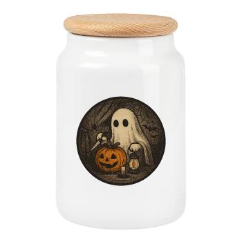 Spooky Halloween Vintage Ghost Scene with Pumpkin - Cookie Jar with Wooden Lid - white - Front