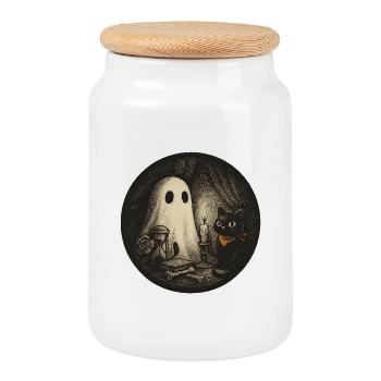Haunted Night Cat Magic Illustration - Cookie Jar with Wooden Lid - white - Front