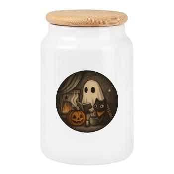 Scénario d’Halloween confortable avec fantôme et citrouille - Boîte à biscuits avec couvercle en bois - blanc - Devant