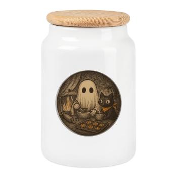 Ghost cooks cookies in the cuddle house - Cookie Jar with Wooden Lid - white - Front