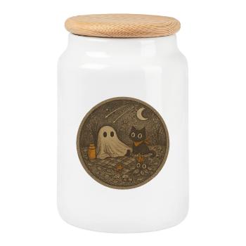 Motif animal nocturne et fantôme - Boîte à biscuits avec couvercle en bois - blanc - Devant