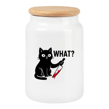 Chat noir avec couteau – Drôle d’Halloween - Boîte à biscuits avec couvercle en bois - blanc - Devant