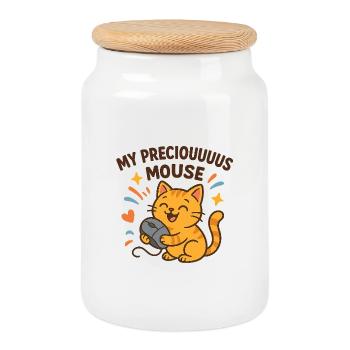 Cute Cat and Love for Mouse - Cookie Jar with Wooden Lid - white - Front