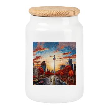 Berliner Skyline Fernsehturm im Sonnenuntergang - Keksdose mit Holzdeckel - Weiß - Vorne