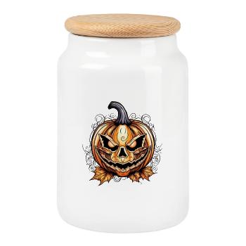 Citrouille effrayante d’Halloween avec motif de crâne - Boîte à biscuits avec couvercle en bois - blanc - Devant