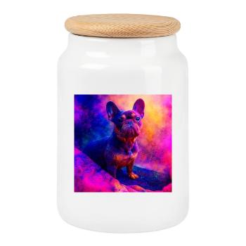 Farbiger French Bulldog Kunstdesign - Keksdose mit Holzdeckel - Weiß - Vorne
