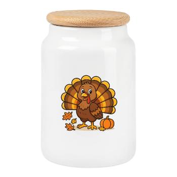 Autumnal cartoon turkey with pumpkin - Cookie Jar with Wooden Lid - white - Front
