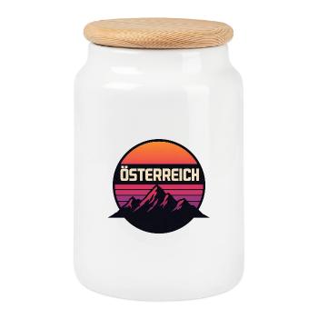 Österreich Bergsonnenuntergang Retro - Keksdose mit Holzdeckel - Weiß - Vorne
