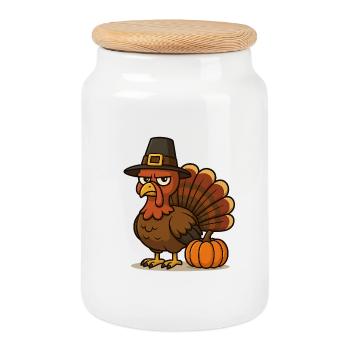 Dinde de Thanksgiving avec chapeau de pèlerin - Boîte à biscuits avec couvercle en bois - blanc - Devant