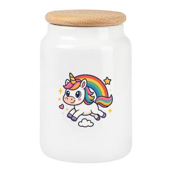 Kunterbuntes Einhorn Regenbogen - Keksdose mit Holzdeckel - Weiß - Vorne