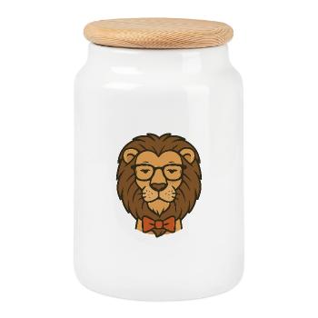 Lion avec lunettes et nœud papillon - Boîte à biscuits avec couvercle en bois - blanc - Devant