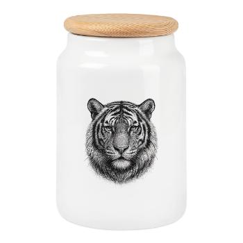 Schwarzweiß Tiger Kopfzeichnung - Keksdose mit Holzdeckel - Weiß - Vorne