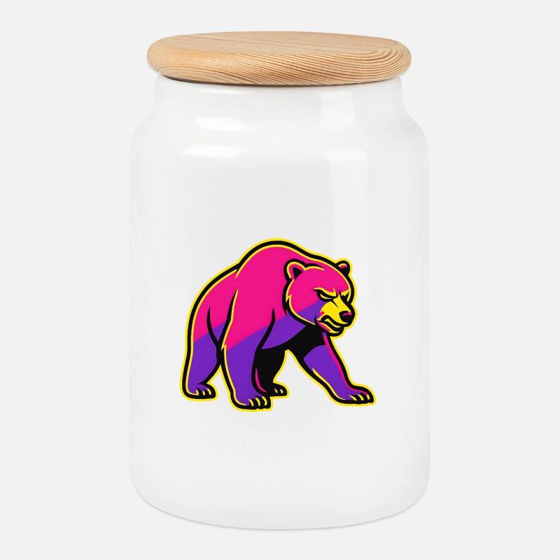 Neon Bear with Power - Cookie Jar with Wooden Lid - white