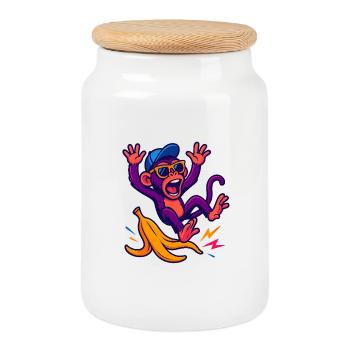 Singe néon avec banane - Boîte à biscuits avec couvercle en bois - blanc - Devant