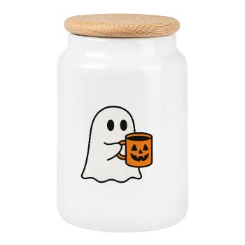 Cute Ghost Motif with Halloween Coffee Mug - Cookie Jar with Wooden Lid - white - Front