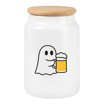 Fantôme avec chope de bière - Boîte à biscuits avec couvercle en bois - blanc - Devant