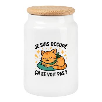 Sleeping Kitten and Ironic Slogan - Cookie Jar with Wooden Lid - white - Front