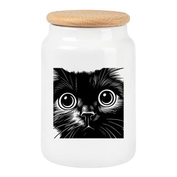 Black and White Cat Portrait Big Eyes - Cookie Jar with Wooden Lid - white - Front