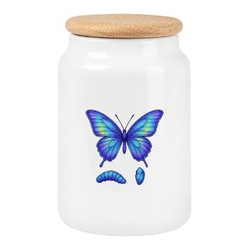 Blue gradient butterfly - Cookie Jar with Wooden Lid - white - Front