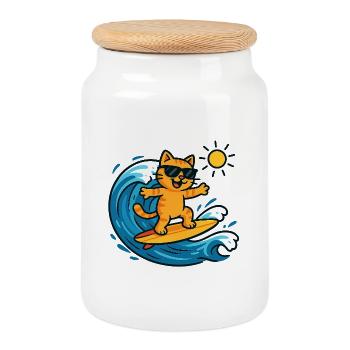 Sun Surfer Katze - Keksdose mit Holzdeckel - Weiß - Vorne