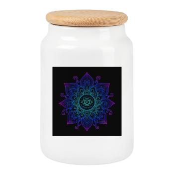 Eye in Neon Mandala - Cookie Jar with Wooden Lid - white - Front
