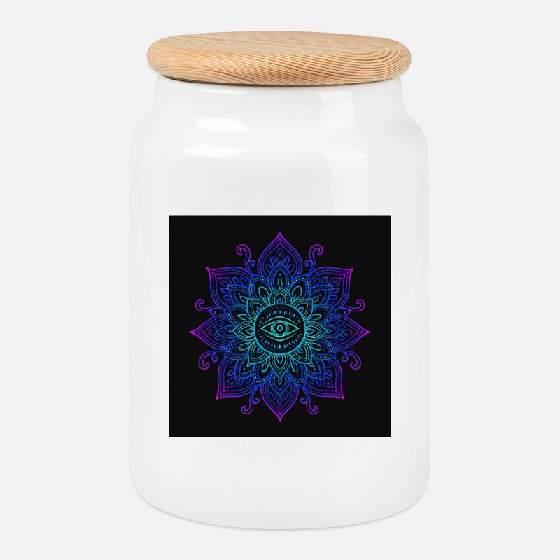 Auge im Neon Mandala - Keksdose mit Holzdeckel - Weiß