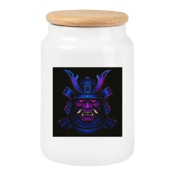 Neon Samurai Mask - Cookie Jar with Wooden Lid - white - Front