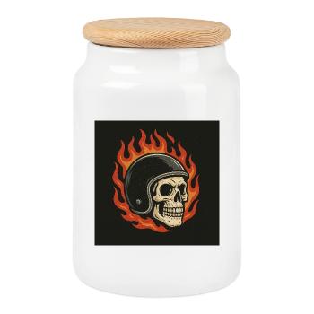 Crâne de flammes avec casque - Boîte à biscuits avec couvercle en bois - blanc - Devant