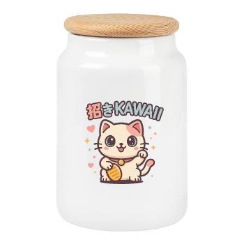 Invitation Chat Kawaii Chance - Boîte à biscuits avec couvercle en bois - blanc - Devant