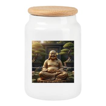 Figurine dorée du jardin du Bouddha riant - Boîte à biscuits avec couvercle en bois - blanc - Devant