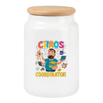Chaos Coordinator – Funny Sayings Shirt for Elt - Cookie Jar with Wooden Lid - white - Front