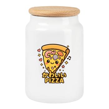 Tranche de pizza kawaii dessin animé - Boîte à biscuits avec couvercle en bois - blanc - Devant