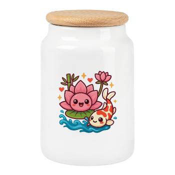 Koi et Lotus Kawaii Imprimer - Boîte à biscuits avec couvercle en bois - blanc - Devant