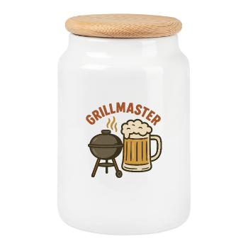 Grillmeister – Beer and barbecue motif - Cookie Jar with Wooden Lid - white - Front