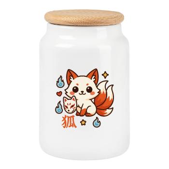 Kitsune Feuerfreund Cartoon - Keksdose mit Holzdeckel - Weiß - Vorne