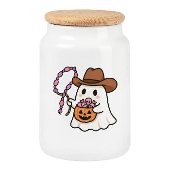 Ghost Cowboy Halloween Candy Bucket - Cookie Jar with Wooden Lid - white - Front