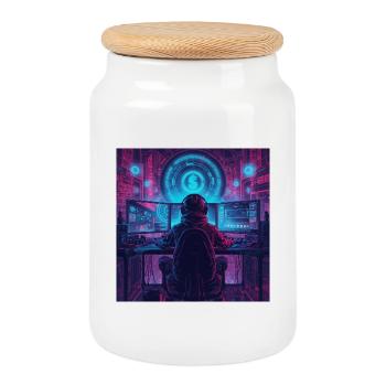 Cyber Gamer Neon Artwork - Cookie Jar with Wooden Lid - white - Front