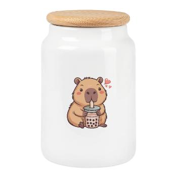 Beaver Bubble Tea Charm - Cookie Jar with Wooden Lid - white - Front