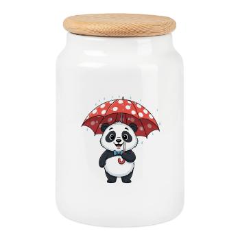 Panda mit rotem Regenturm - Keksdose mit Holzdeckel - Weiß - Vorne