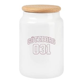 Göteborg 031 Design mit gebogenem Text - Keksdose mit Holzdeckel - Weiß - Vorne