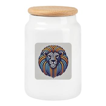 Geometric Color Lion in Line Style - Cookie Jar with Wooden Lid - white - Front