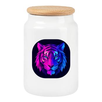Neon Polygon Tiger: Magenta to Blue - Cookie Jar with Wooden Lid - white - Front