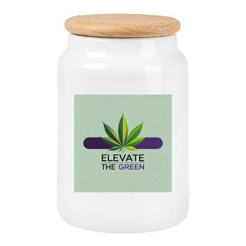 Elevate The Green Cannabis Leaf - Cookie Jar with Wooden Lid - white - Front