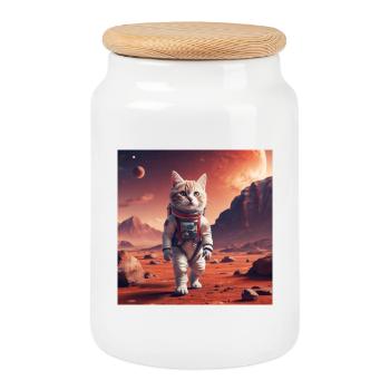 Katzenastronaut auf Mars - Keksdose mit Holzdeckel - Weiß - Vorne
